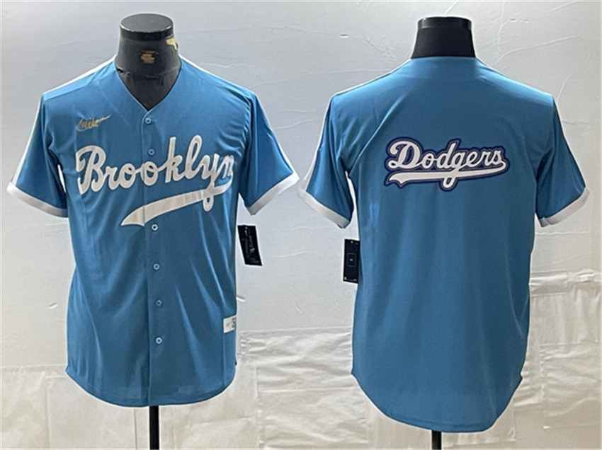Men's Light Blue Los Angeles Dodgers Team Big Logo Throwback Cool Base Stitched Baseball Jersey